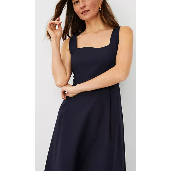 Ann Taylor Square Neck Midi Dress in Stretch Cotton in Navy 2P - Picture 4 of 6